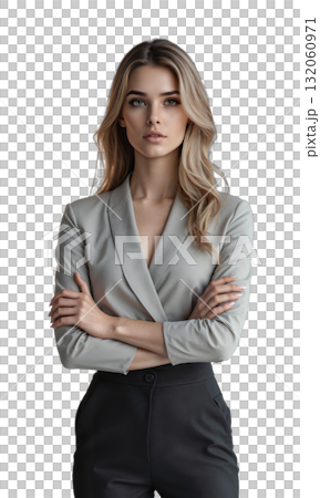 A white female CEO in soft grey, arms folded with a calm, assertive expression, bathed in soft light from 132060971