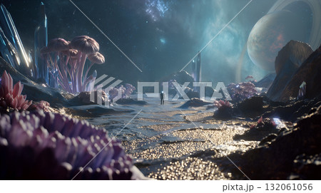 Alien Landscape with Bioluminescent Flora, Crystals, and Ringed Planet Under Starry Sky 132061056