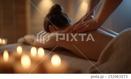 Back Massage in Tranquil Spa Setting with Green Plants, Candles, and White Towels Back Massage in Tranquil Spa Setting with Green Plants, Candles, and White Towels 132061073