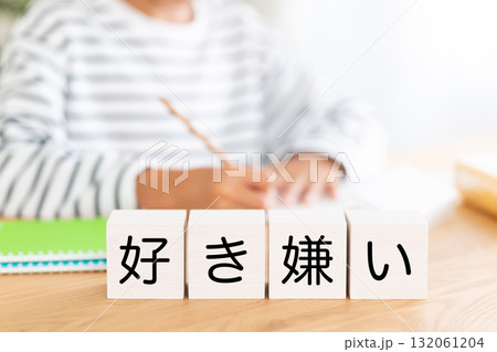 好き嫌いのブロックと勉強をする小学生の男の子 132061204