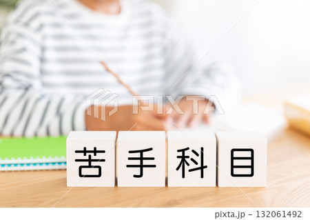 苦手科目のブロックと勉強をする小学生の男の子 苦手科目のブロックと勉強をする小学生の男の子 132061492
