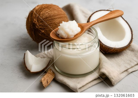 Coconut oil in glass jar with wooden spoon and fresh coconuts on textured fabric background 132061603