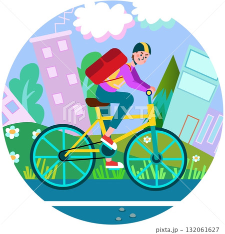 Man ride bike vector guy on bicycle on city street Man ride bike vector guy on bicycle on city street 132061627