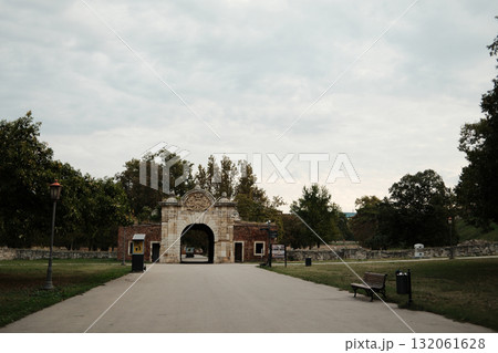 Stone gate entrance of Kalemegdan Fortress on a cloudy autumn morning in Belgrade Stone gate entrance of Kalemegdan Fortress on a cloudy autumn morning in Belgrade 132061628
