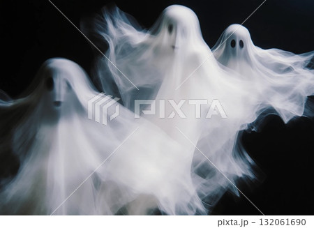 Translucent figures drift effortlessly through a dark setting, creating an eerie yet captivating ambiance. Wispy forms suggest a ghostly presence at night Generative AI 132061690
