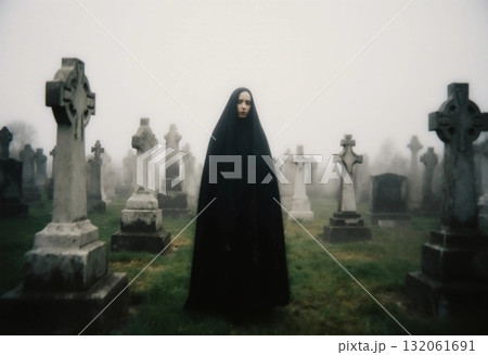 A figure cloaked in black appears in a fog-shrouded cemetery, surrounded by tombstones. The atmosphere is eerie, hinting at the presence of spirits and the unknown Generative AI 132061691
