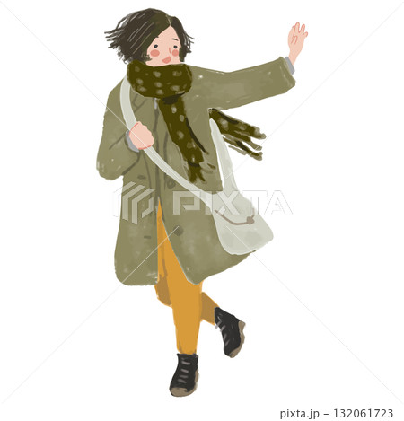 走りながら手を振る冬服の女性 132061723