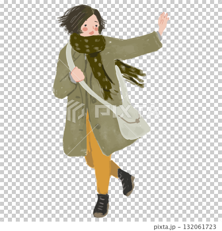 一位身穿冬裝的女子一邊跑步一邊揮手 一位身穿冬裝的女子一邊跑步一邊揮手 132061723