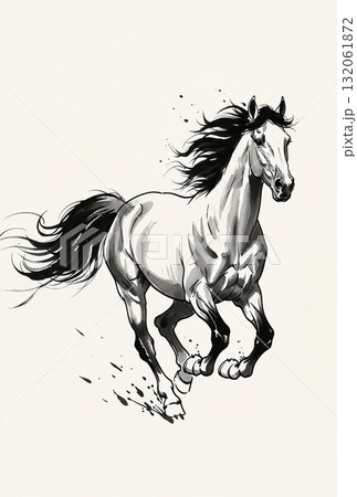 【はがき用】水墨画風の躍動する馬 132061872