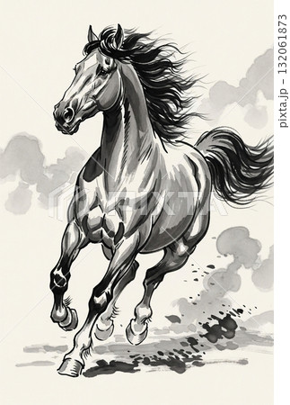 【はがき用】墨絵スタイルの力強い馬 132061873
