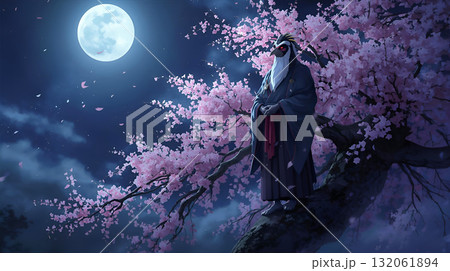 月夜の桜の木に立っているカラス天狗のイラスト 132061894