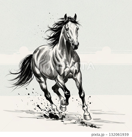 墨のタッチで表現した馬 132061939