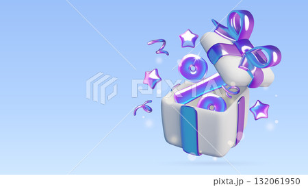 Winter holiday sale background with 3d gift box and big percent sign inside exploding with stars and ribbons Winter holiday sale background with 3d gift box and big percent sign inside exploding with stars and ribbons 132061950