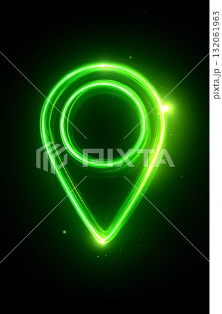 Green glowing location pin symbol on dark background with vibrant neon light effects Green glowing location pin symbol on dark background with vibrant neon light effects 132061963