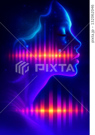 Abstract illustration of a female profile with vibrant sound waves and cosmic background 132062046
