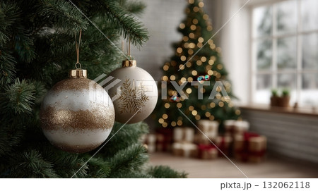 golden Christmas ornaments hanging from a tree golden Christmas ornaments hanging from a tree 132062118