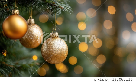 golden Christmas ornaments hanging from a tree golden Christmas ornaments hanging from a tree 132062119