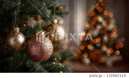 golden Christmas ornaments hanging from a tree 132062124