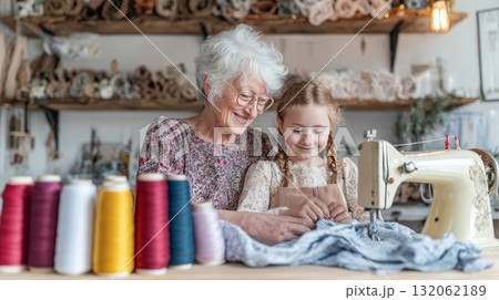 Grandma and granddaughter joyfully sewing together with colorful threads and a sewing machine, showcasing multigenerational family bonding and creativity 132062189