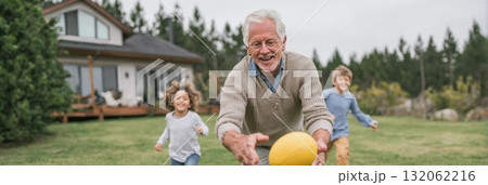 Grandfather joyfully playing catch with grandchildren in a suburban backyard, showcasing multigenerational family life and emotional connection Grandfather joyfully playing catch with grandchildren in a suburban backyard, showcasing multigenerational family life and emotional connection 132062216