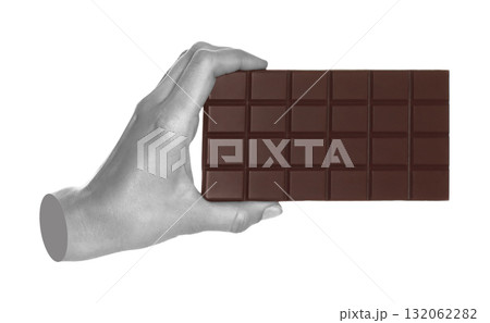 Woman hand holds chocolate bar, isolated on transparent background, sweet food concept. Contemporary art concept Woman hand holds chocolate bar, isolated on transparent background, sweet food concept. Contemporary art concept 132062282