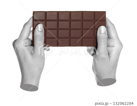 Woman hand holds chocolate bar, isolated on transparent background, sweet food concept. Contemporary art concept Woman hand holds chocolate bar, isolated on transparent background, sweet food concept. Contemporary art concept 132062284