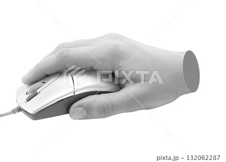 Hand holds a computer mouse, isolated on transparent background, technology concept. Contemporary art design Hand holds a computer mouse, isolated on transparent background, technology concept. Contemporary art design 132062287