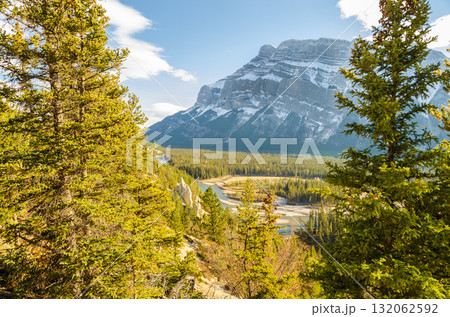 Spectacular Hoodoos viewpoint of dramatic limestone Rundle mountain and valley of Bow river at Banff National Park in Alberta, Canada Spectacular Hoodoos viewpoint of dramatic limestone Rundle mountain and valley of Bow river at Banff National Park in Alberta, Canada 132062592
