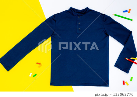 Boy's sweatshirt design with long raglan sleeves in black navy blue color, flat sketch, front and back views 132062776
