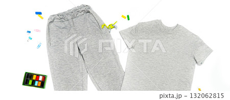 Blank male and female round neck raglan t-shirt and sweatpants in front, back views. Clothing templates. Fashion set. Casual, sport style. Active wear.  illustration. Isolated on white. 132062815