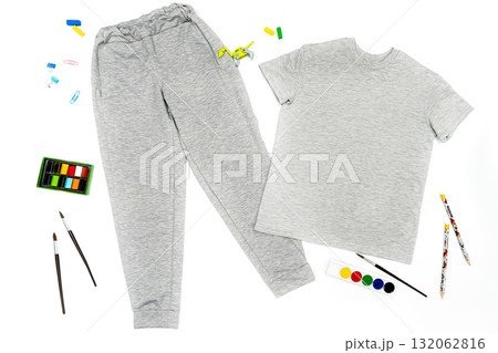 Blank male and female round neck raglan t-shirt and sweatpants in front, back views. Clothing templates. Fashion set. Casual, sport style. Active wear.  illustration. Isolated on white. 132062816