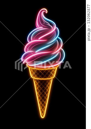 Neon illustration of colorful ice cream cone with vibrant swirls and glowing details Neon illustration of colorful ice cream cone with vibrant swirls and glowing details 132062877