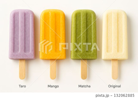Colorful frozen popsicles in various flavors arranged on a light background with copy space Colorful frozen popsicles in various flavors arranged on a light background with copy space 132062885