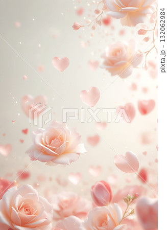 Pink background, made of flying roses and petals. 132062984