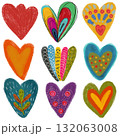 Set of Hearts . Whimsical collection. love Shapes for your design. Textured Valentine's Day signs. Hand Drawn illustration. 132063008