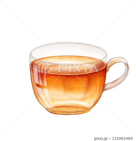 Hand-drawn is Illustration of glass cup filled with hot tea, isolated on white background. Design for cafe menu decor, kitchen posters, or tea party invitations. 132063469