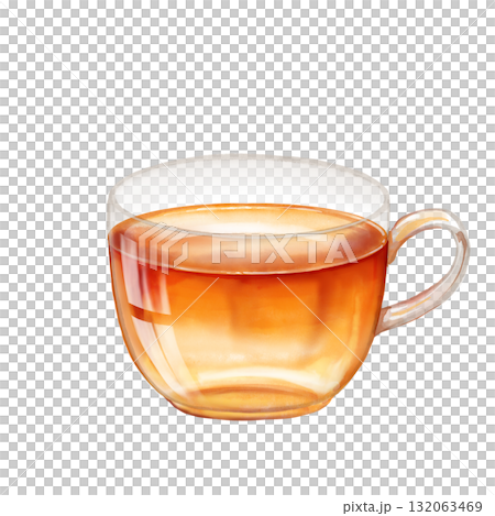 Hand-drawn is Illustration of glass cup filled with hot tea, isolated on white background. Design for cafe menu decor, kitchen posters, or tea party invitations. 132063469