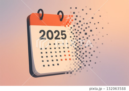 2025 calendar page disintegrating into pixels, concept of time passing, digital transformation. 132063588