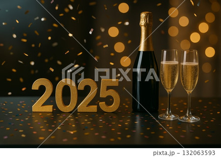 Golden 2025 numbers, champagne glasses, and bottle with confetti on table celebrating the end of 2025 year. 132063593