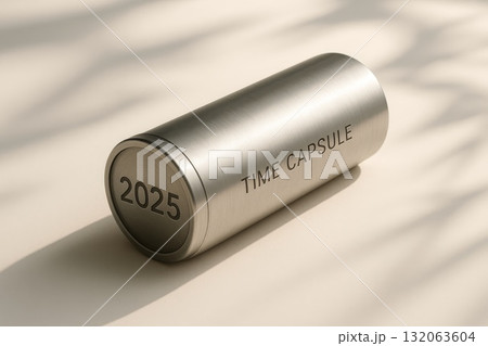 Metal time capsule with 2025 engraving, futuristic concept for preservation, memories, and future. 132063604