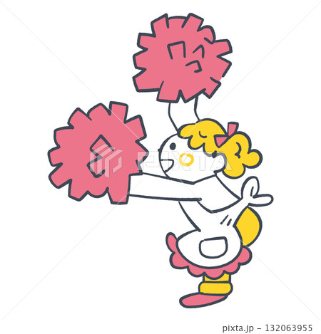 フレーフレー！応援するエプロン姿の女の子　ポンポンを持って元気にエールを送るチアリーダー風の子ども 132063955