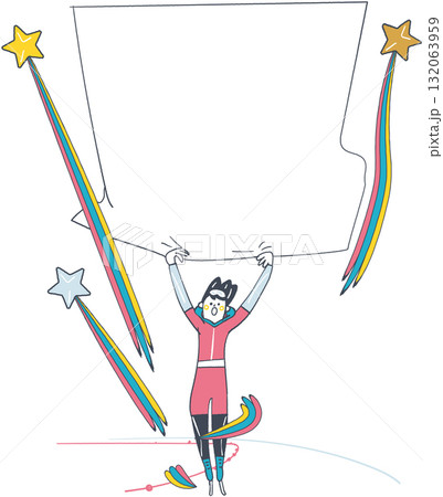 勝利の喜びを掲げるスピードスケート選手 氷上で国旗を広げるように掲げる姿・メッセージスペース付き 勝利の喜びを掲げるスピードスケート選手 氷上で国旗を広げるように掲げる姿・メッセージスペース付き 132063959