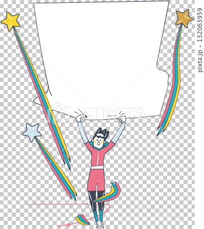 勝利の喜びを掲げるスピードスケート選手 氷上で国旗を広げるように掲げる姿・メッセージスペース付き 勝利の喜びを掲げるスピードスケート選手 氷上で国旗を広げるように掲げる姿・メッセージスペース付き 132063959