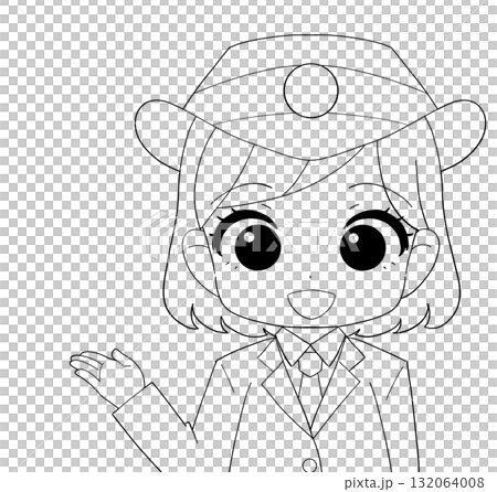 A cute black and white illustration of a female station attendant wearing a long-sleeved uniform 132064008