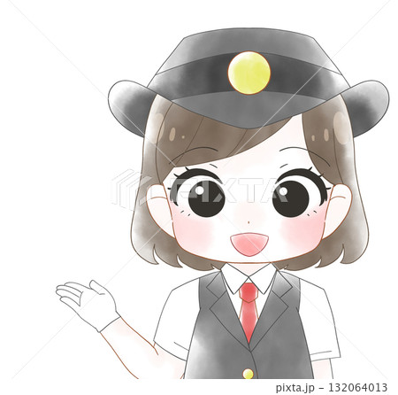 半袖の制服を着た女性駅員のかわいい水彩風イラスト 132064013