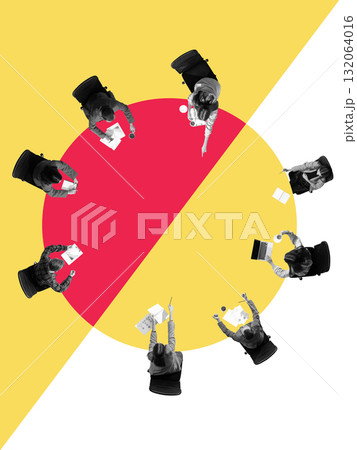 Creative collage of business team working together around red and yellow circle symbolizing discussion 132064016