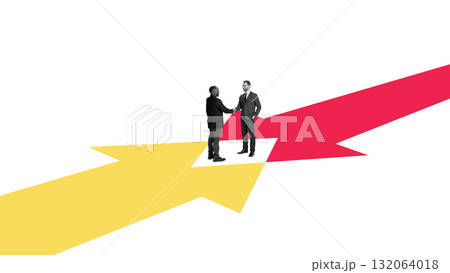 Minimalist composition. Businessmen shaking hands over intersecting red and yellow arrows symbolizing cooperation 132064018