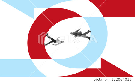 Bold colorful poster. Businessmen rotating inside abstract red and blue circular pattern symbolizing dynamics of teamwork Bold colorful poster. Businessmen rotating inside abstract red and blue circular pattern symbolizing dynamics of teamwork 132064019