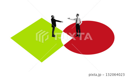Collage art. Businessmen shaking hands across abstract red and green shapes symbolizing agreement 132064023