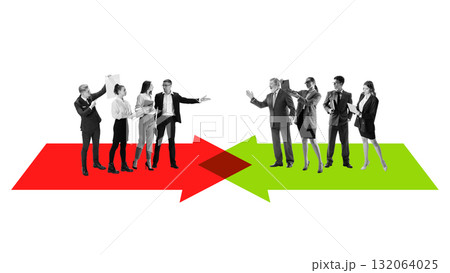 Minimalist collage art. Business groups meeting on opposite arrows symbolizing negotiation and balance of interests 132064025